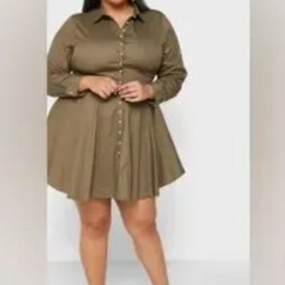 MISGUIDED olive green pearl button skater shirt dress size 22 - Picture 1 of 9
